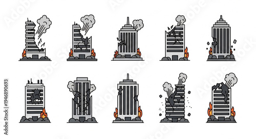 Collection of Damaged Skyscraper Illustrations with Smoke and Debris.