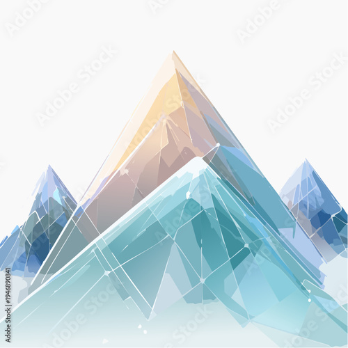 Abstract geometric mountains with crystalline and icy textures under a soft gradient sky