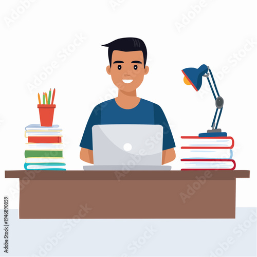 Young man actively engaged in study or work at a desk with a laptop, surrounded by books and a lamp, illustrating focused learning