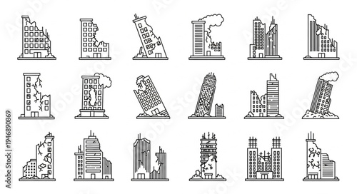 Collection of Damaged Buildings in Line Art Style.
