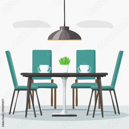 Dining table with chairs and cups for coffee break or meal time