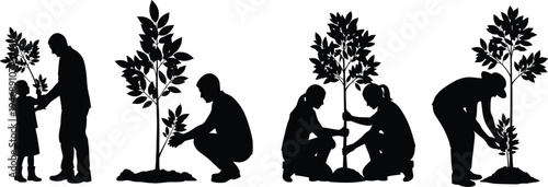Family tree planting silhouettes with parents and child gardening together, environmental conservation activity, people caring for young plant isolated on light background
