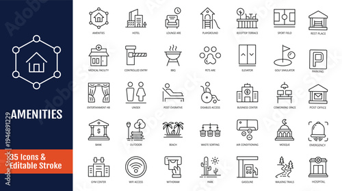Amenities icon set. Includes lounge zone, parking, playground, entertainment, facility, clinic, and more. Outline icon with Editable stroke. Vector illustration