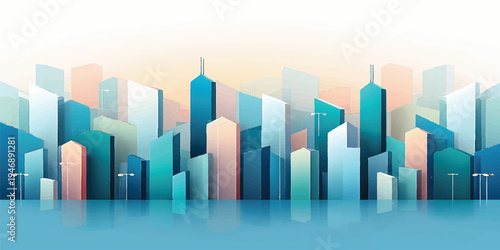 Abstract 3d vector illustration of a blue urban city skyline featuring skyscrapers and office buildings in a modern downtown metropolis design