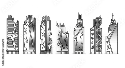 Post-Apocalyptic Cityscape - A Row of Ruined Buildings in Detailed Line Art.