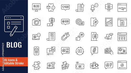 Blog icon set. Outline icon with Editable stroke. Vector illustration