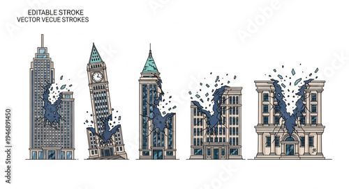Buildings disintegrating into particles, symbolizing urban decay and the ephemeral nature of structures.