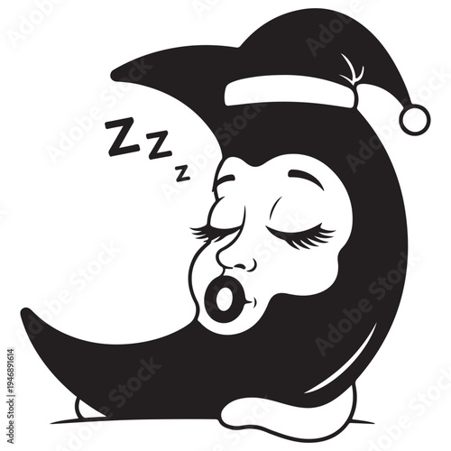 Stylized Sleeping Crescent Moon with Nightcap and Zzz