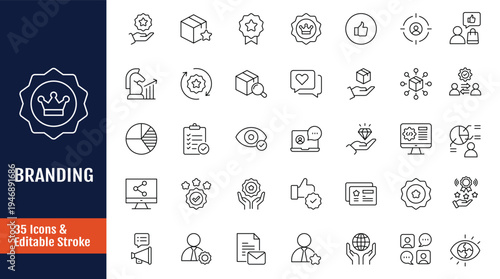 Branding icon set. Includes marketing, product, design, logo, social media, advertising, brand value, loyal customers and more. Outline icon with Editable stroke. Vector illustration