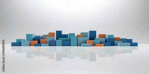 An abstract blue 3d city background vector featuring a colorful construction of business puzzle cubes and toy blocks to represent a creative building concept