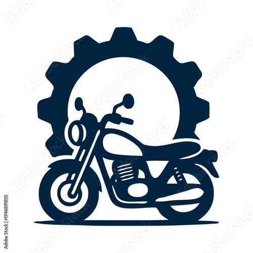 Logo taller mecánico de motos. Icono con dibujo de motocicleta vista de perfil con engranaje