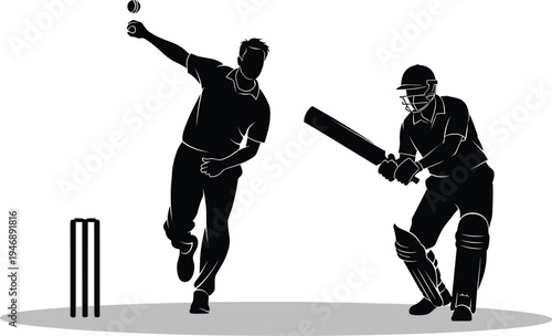Cricket bowler batsman silhouette, sports action scene, protective gear helmet pads, stumps pitch setup, flat vector illustration, dynamic black art