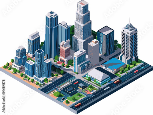 Isometric illustration of a bustling modern city with numerous skyscrapers