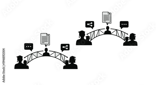people communicating on bridge with speech bubbles and mobile phones