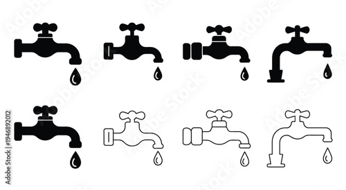 Faucet vector illustration set, featuring a variety of black and white faucet designs for plumbing, home improvement, and interior design projects.