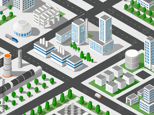 Isometric illustration of a modern city with industrial and residential areas