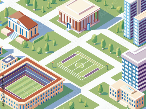 Isometric illustration of a city park with buildings and recreational areas