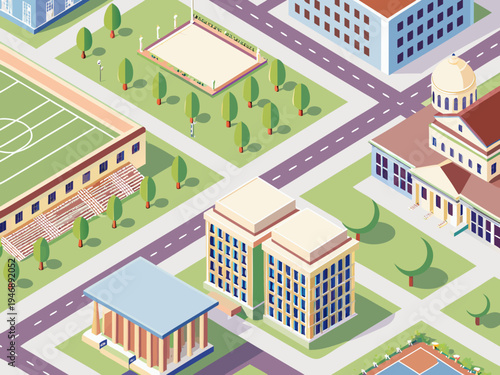 Isometric illustration of a vibrant city landscape with buildings and greenery