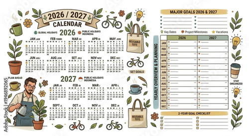Minimalist 2026 and 2027 calendar and yearly planner template with nature illustrations and goal checklist