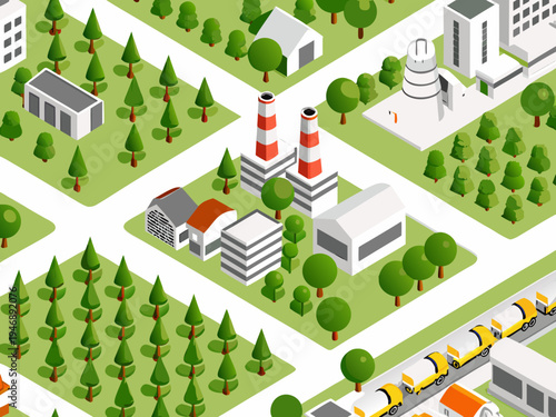Isometric illustration of a city with industrial and residential areas