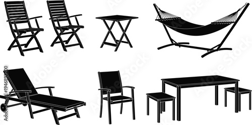 Outdoor garden furniture silhouettes collection including folding chairs, lounge chair, table set and hammock isolated on light background for patio and backyard design