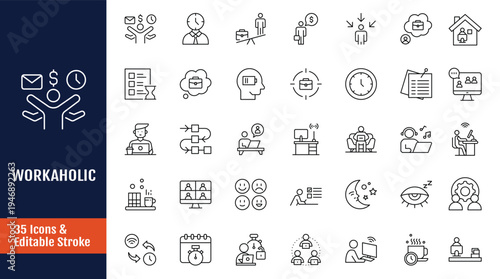 Workaholic Icons set. Includes Busy, rushed, burnout, tired, overworked and more. Outline icon with Editable stroke. Vector illustration