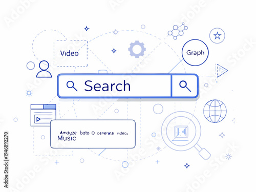 Digital illustration showcasing search functionality and multimedia content options