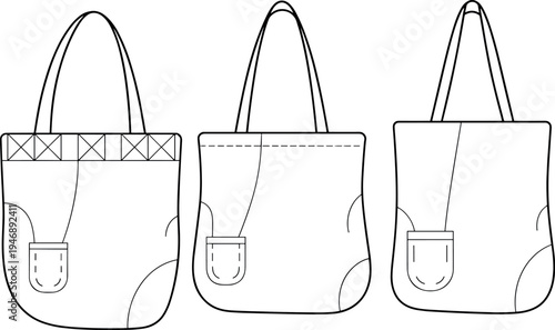 Technical Flat Sketch Vector of Canvas Tote Bag Set with Shoulder Straps and Pocket Details for Fashion Accessory Design and Tech Pack Template (24 words)Art & Illustration