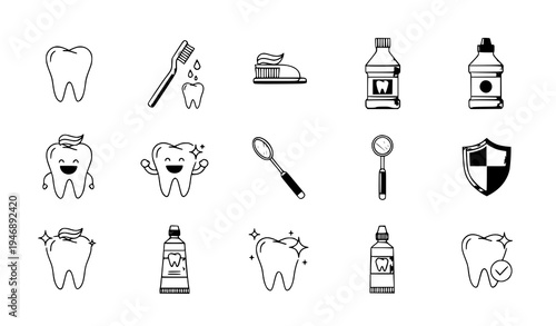 A set of dental care icons including teeth, toothbrushes, and oral hygiene products