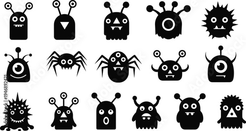 Cute monster icon set silhouette collection, funny alien creatures characters with spooky faces for halloween design mascot vector illustration