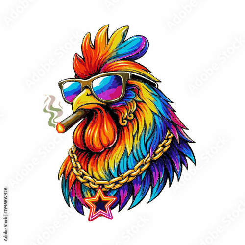 Vibrant Rainbow Rooster Character Wearing Sunglasses Gold Chain and Cigar
