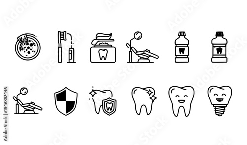 A set of dental care icons including teeth, toothbrushes, and mouthwash