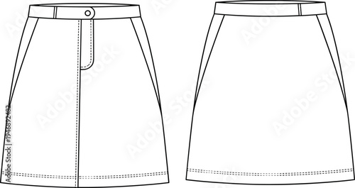 Technical Flat Sketch Vector of Women's Classic A-Line Mini Skirt with Front Button Closure and Pocket Details for Fashion Design Tech Pack Template (24 words)Art & Illustration