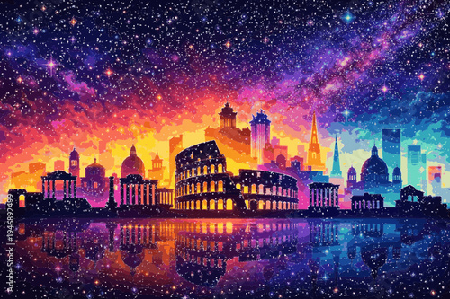 Surreal Rome Skyline Silhouette Under Vibrant Cosmic Starry Night Sky