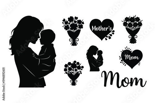 Mother and child silhouette with hearts and flowers