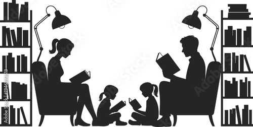 Silhouette of family reading together in a cozy library setting books silhouettes