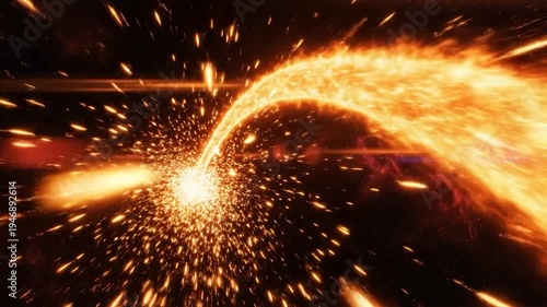 Dynamic fiery energy burst with sparkling particles