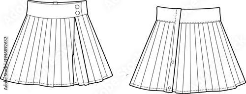 Technical Flat Sketch Vector of Women's Pleated Wrap Mini Skirt with Button Detail and Wide Waistband for Fashion Design Tech Pack Apparel Template (24 words)Art & Illustration