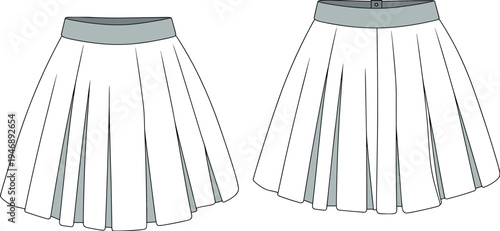 Technical Flat Sketch Vector of Women's Pleated Flare Mini Skirt with Contrast Wide Waistband and Flared Hemline for Fashion Design Tech Pack Template (24 words)Art & Illustration