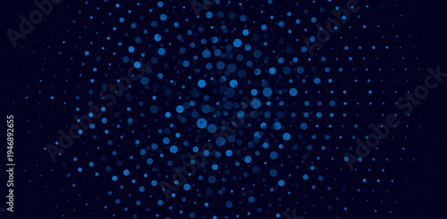 Abstract blue glowing dots scattered on a dark blue background, forming a circular particle pattern, digital bokeh style.