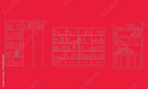 Three white line of bookshelves on red background white line red background bookcases furniture