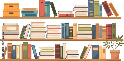 Three wooden shelves filled with multicolored books and potted plants bookshelves bookshelf