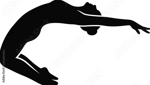 Female gymnast silhouette jumping, flexible acrobatic dancer pose, rhythmic gymnastics movement, elegant athletic leap, isolated black sport silhouette illustration