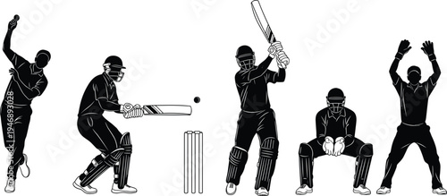 depicts a dynamic cricket scene in flat vector illustration style, featuring a bowler delivering the ball, a batsman in ready stance hitting, a wicketkeeper 