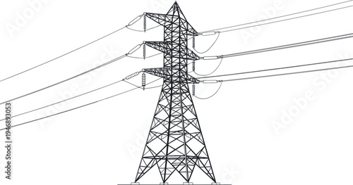 Technical vector illustration of a high voltage electric power transmission tower with power lines, industrial electricity pylon structure isolated on a white background.