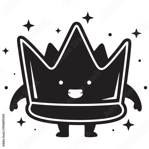Cheerful Black and White Crown Character with Sparkles