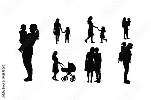 Silhouettes of parents and children in various poses and activities