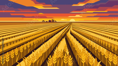 A stylized vector illustration captures a vast golden wheat field stretching towards a vibrant sunset sky with a distant farm.