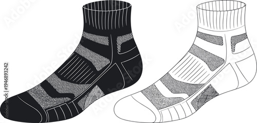 Technical Vector Illustration of Athletic Performance Crew Socks Featuring Zonal Compression Ribbed Cuffs Reinforced Toes and Heels for Running Cycling n