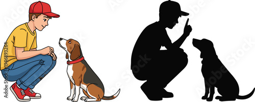 Dog training communication scene, person squatting with pet, beagle obedience interaction, silhouette and colored design, flat vector illustration, bonding artwork